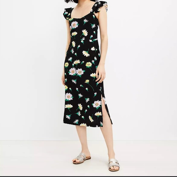 Loft Black Floral Midi Dress With Pastel Flowers